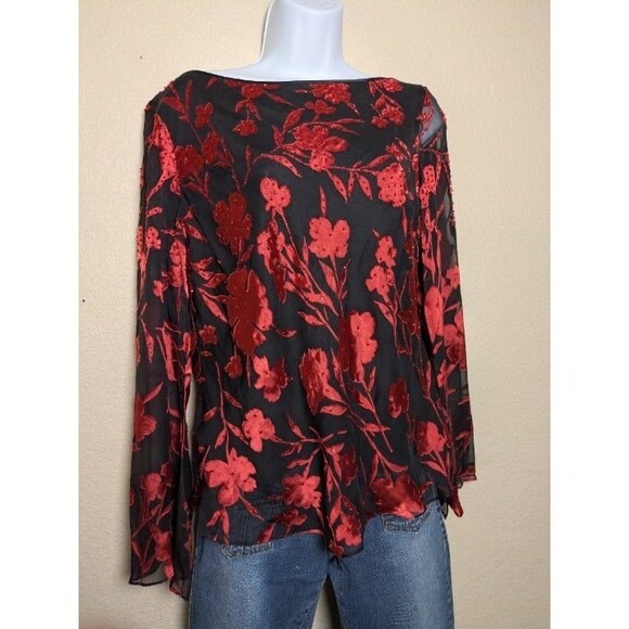 Vintage Red Black Burnout Floral Mesh Top Size Large Whimsigoth Romantic Pappell - Picture 9 of 9